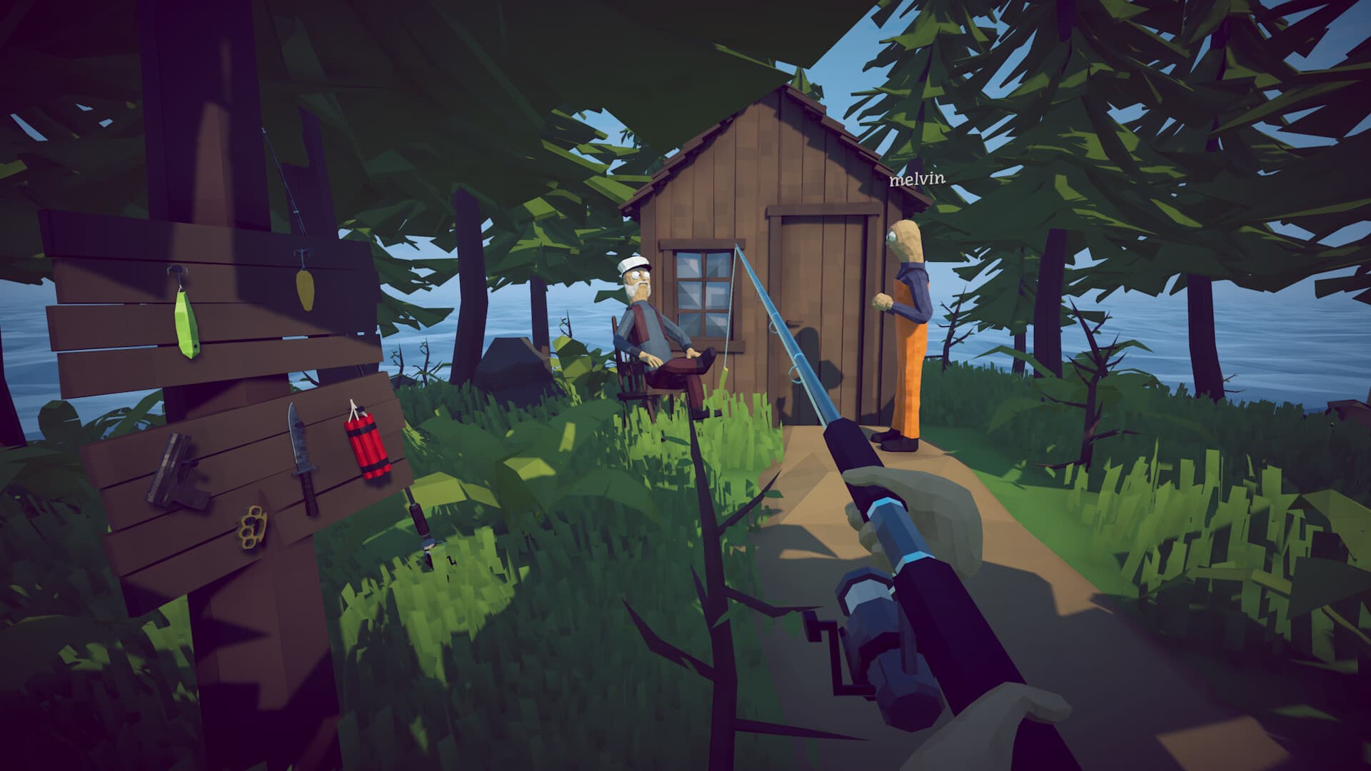First-person view of a cabin, fishing rod, and wall-mounted equipment