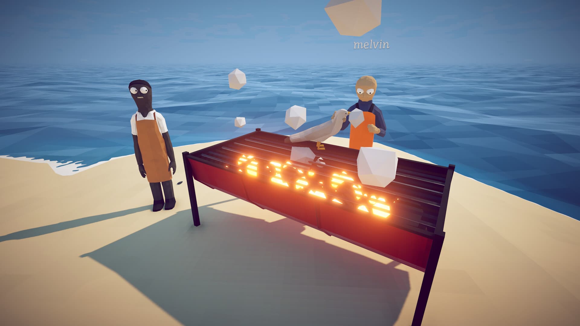Two characters beside a glowing outdoor grill on the beach