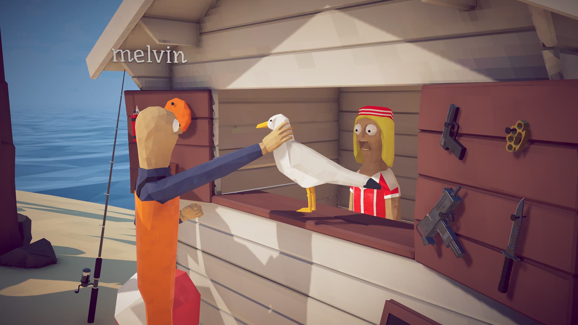 Character holding a white seabird at a seaside kiosk with equipment on the wall