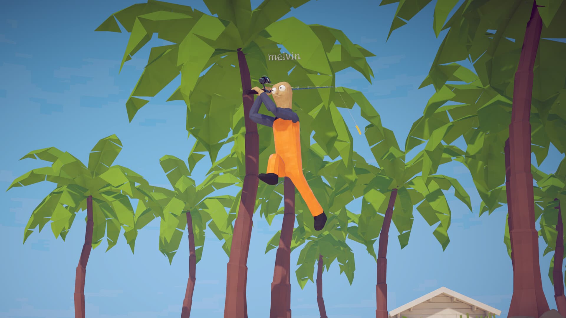 Character climbing a palm tree while holding a fishing rod