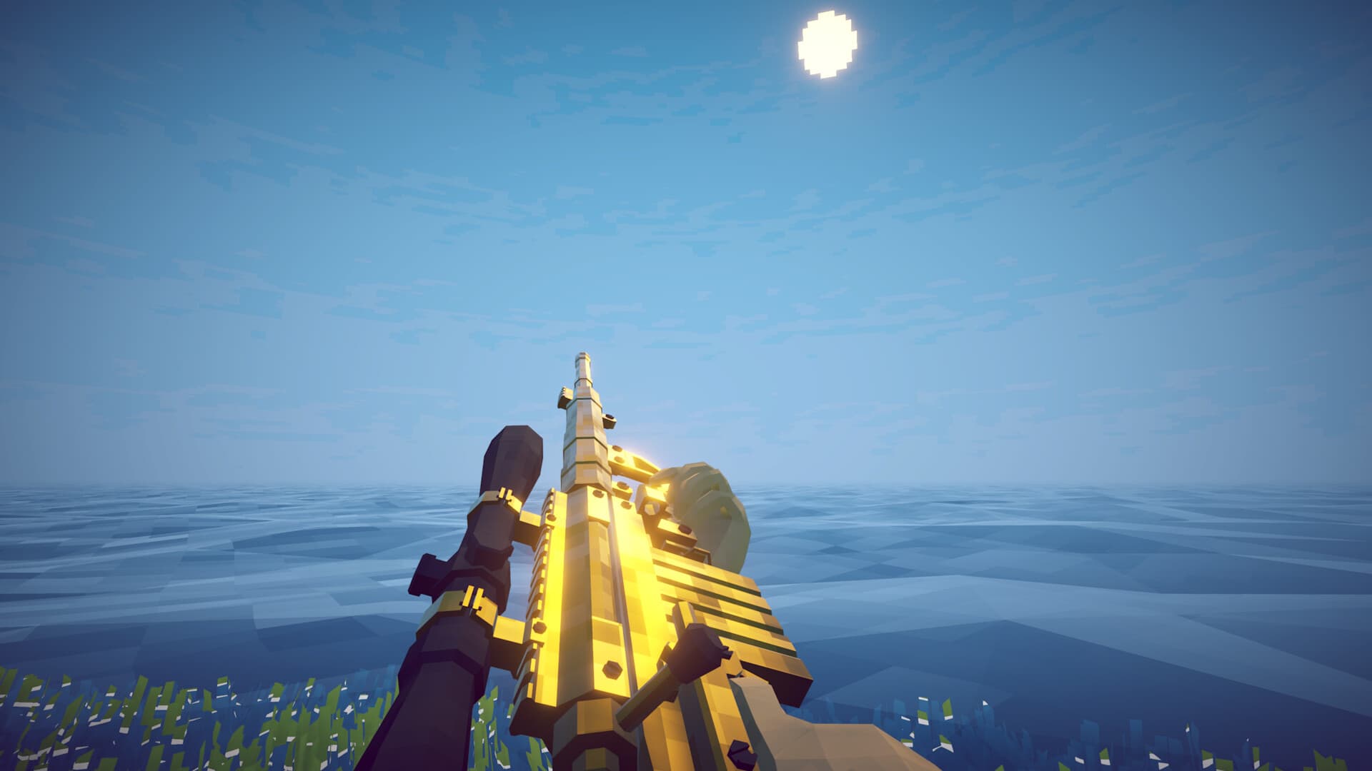 First-person view of a large gold-colored firearm pointed toward the sky over water
