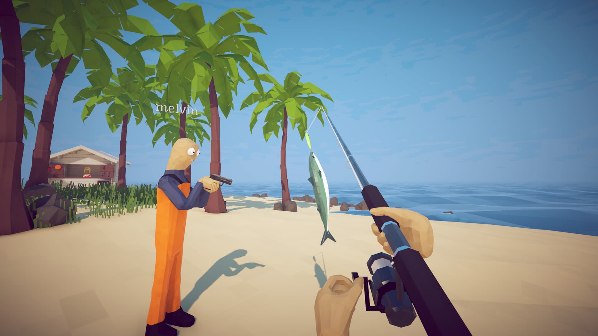 Character holding a fishing rod beside a fish on a tropical beach